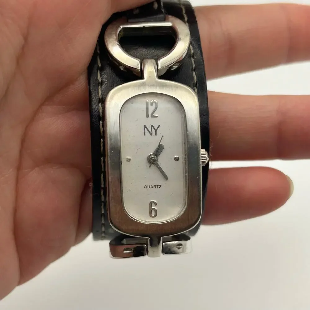 NY Collection Silver Black Leather Band Quartz Watch Working New Battery
